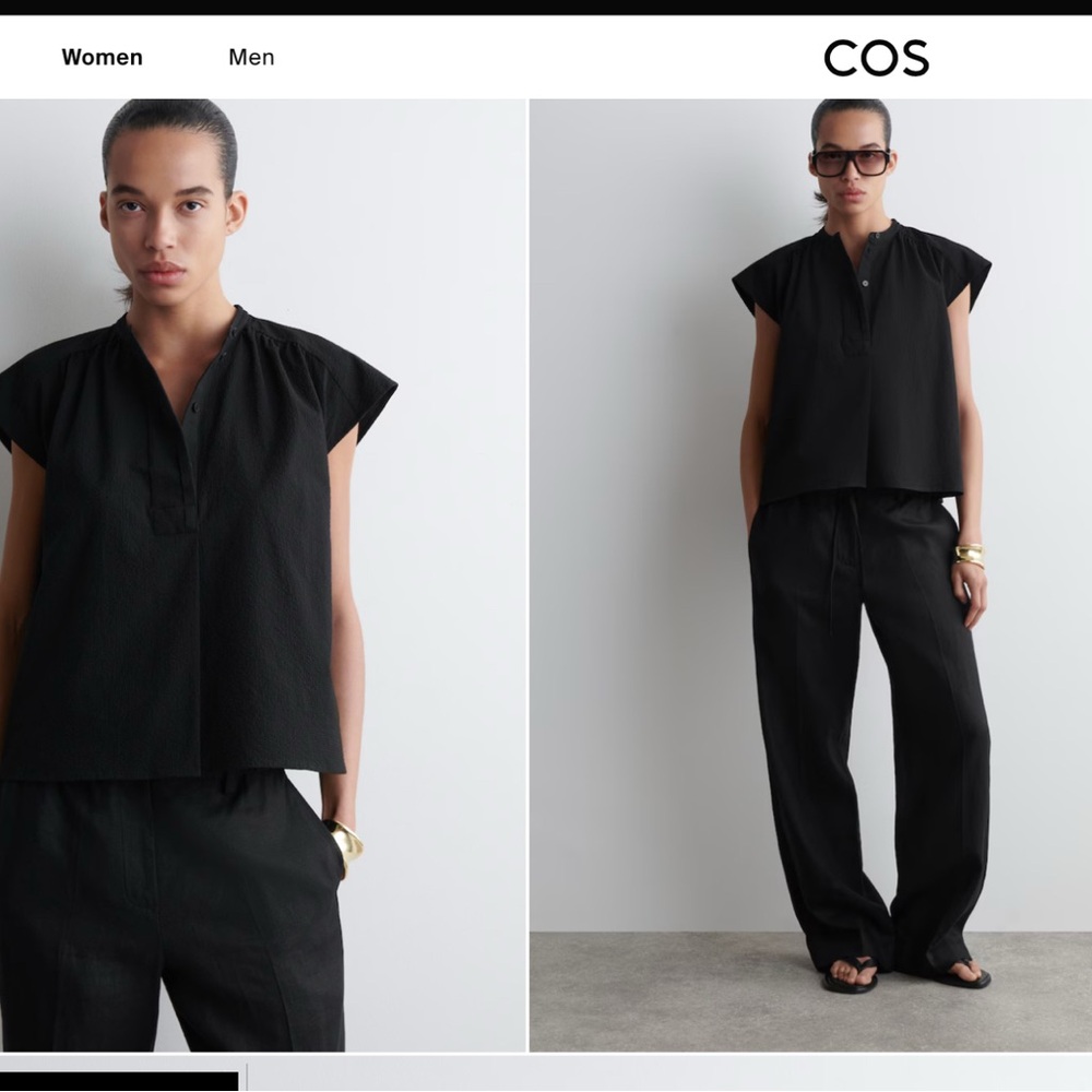 COS Gathered textured black cotton blouse